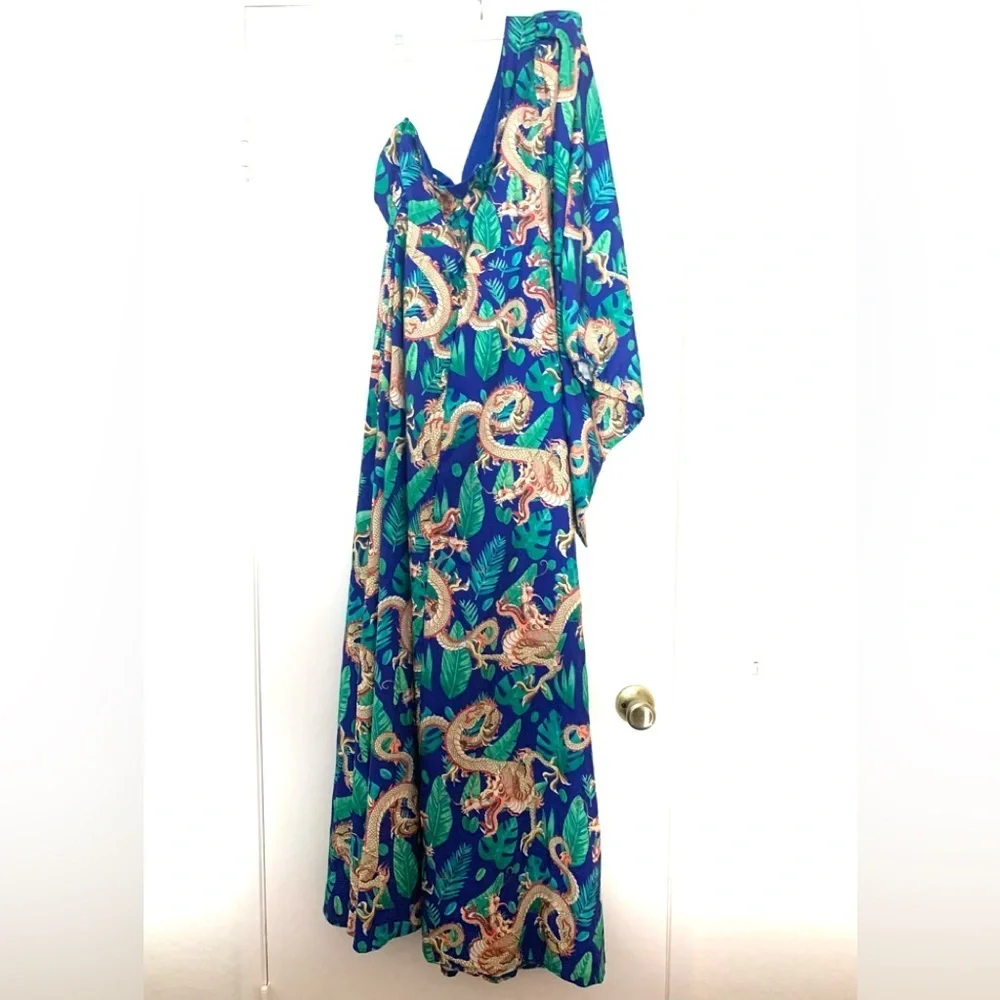 New Giffniseti Dragon Shoulder Bridesmaid Maxi Dress Gown Kimono Blue Orange - Picture 12 of 15